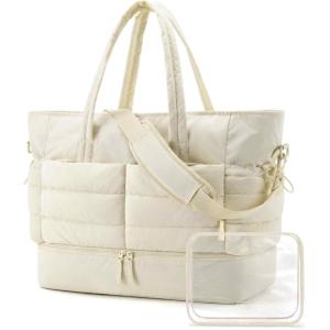 image:imageBAGSMART Large Travel Duffel Bag with Shoe Compartment Puffer CarryOn Gym Weekender Bag for Women CharcoalFaint Yellow