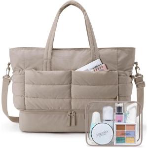 image:imageBAGSMART Large Travel Duffel Bag with Shoe Compartment Puffer CarryOn Gym Weekender Bag for Women Faint YellowTan