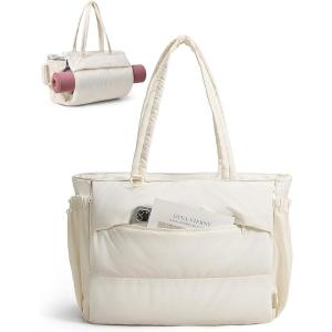 image:imageBAGSMART Tote Bag for Women 22L Puffer Gym Bag for 40oz Tumbler Work Tote Handbag for Travel Yoga College  Gym tote bag Hold yoga mat 40oz tumbler Racketfriendly 156 LaptopCream