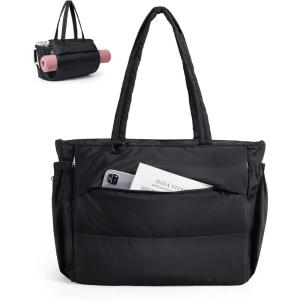 image:imageBAGSMART Tote Bag for Women 22L Puffer Gym Bag for 40oz Tumbler Work Tote Handbag for Travel Yoga College  Gym tote bag Hold yoga mat 40oz tumbler Racketfriendly 156 LaptopBlack