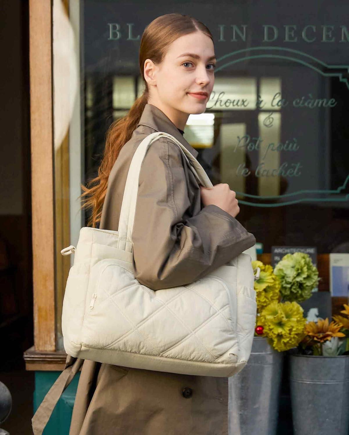 image:imageBAGSMART Lunch Bag Women Large Lunch Box Insulated Tote Bag with MultiPockets Quilted Puffy Tote for Work Outdoors06Baby Pink