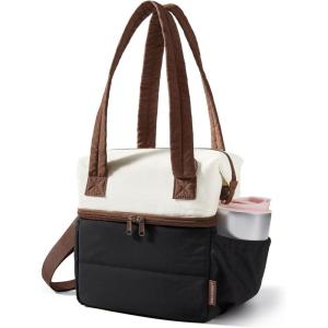 image:imageBAGSMART Double Deck Lunch Bag Women Insulated Reusable Lunch Box Quilted Puffer Lunch Tote with Shoulder Strap Durable Large Lunch Cooler For Work Picnic Travel Meal Prep Flight BlackBeige  Black