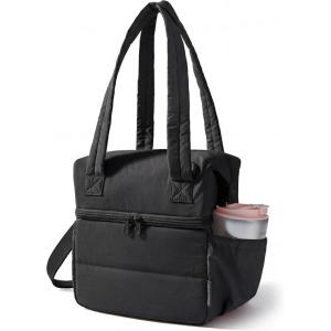 image:imageBAGSMART Double Deck Lunch Bag Women Insulated Reusable Lunch Box Quilted Puffer Lunch Tote with Shoulder Strap Durable Large Lunch Cooler For Work Picnic Travel Meal Prep Flight BlackBlack
