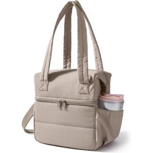 image:imageBAGSMART Double Deck Lunch Bag Women Insulated Reusable Lunch Box Quilted Puffer Lunch Tote with Shoulder Strap Durable Large Lunch Cooler For Work Picnic Travel Meal Prep Flight BlackCamel