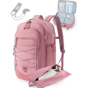 image:imageBAGSMART Carry On Travel Backpack 17 Inch Large Travel backpack Carry On Flight Approved Antitheft Personal Item Backpack Travel Bag With Shoe Bag 30L Water Resistant Casual Daypack BeigePink