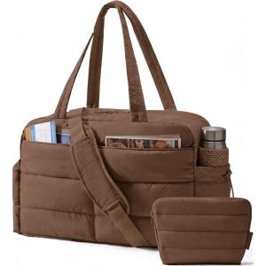 image:imageBAGSMART Gym Bag for Women Lightweight Puffer Duffle Bag 2PC Travel Bag 31L Weekender Overnight Bag Quilted Carry On Tote Bag Diaper Hospital Dance Bag for Travel Gym Water Resistant PinkCoffee Brown
