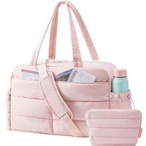 image:imageBAGSMART Gym Bag for Women Lightweight Puffer Duffle Bag 2PC Travel Bag 31L Weekender Overnight Bag Quilted Carry On Tote Bag Diaper Hospital Dance Bag for Travel Gym Water Resistant PinkBaby Pink