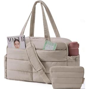 image:imageBAGSMART Gym Bag for Women Lightweight Puffer Duffle Bag 2PC Travel Bag 31L Weekender Overnight Bag Quilted Carry On Tote Bag Diaper Hospital Dance Bag for Travel Gym Water Resistant PinkCamel