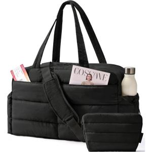 image:imageBAGSMART Gym Bag for Women Lightweight Puffer Duffle Bag 2PC Travel Bag 31L Weekender Overnight Bag Quilted Carry On Tote Bag Diaper Hospital Dance Bag for Travel Gym Water Resistant PinkBlack