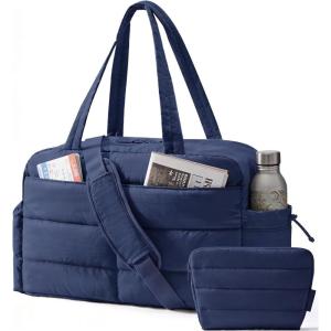 image:imageBAGSMART Gym Bag for Women Lightweight Puffer Duffle Bag 2PC Travel Bag 31L Weekender Overnight Bag Quilted Carry On Tote Bag Diaper Hospital Dance Bag for Travel Gym Water Resistant PinkNavy Blue