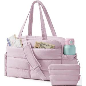 image:imageBAGSMART Gym Bag for Women Lightweight Puffer Duffle Bag 2PC Travel Bag 31L Weekender Overnight Bag Quilted Carry On Tote Bag Diaper Hospital Dance Bag for Travel Gym Water Resistant PinkMisty Purple