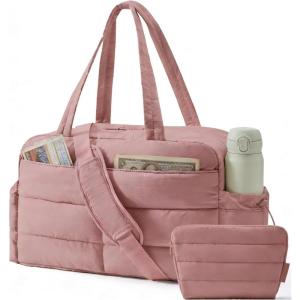 image:imageBAGSMART Gym Bag for Women Lightweight Puffer Duffle Bag 2PC Travel Bag 31L Weekender Overnight Bag Quilted Carry On Tote Bag Diaper Hospital Dance Bag for Travel Gym Water Resistant PinkDull Pink