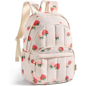 image:imageBAGSMART Womens Backpack Small Travel Laptop Backpack for Women Quilted College Laptop Bookbag Work Back Pack for Women Cute Computer WaterResistant Casual Daypack Puffer Camel16strawberry Print