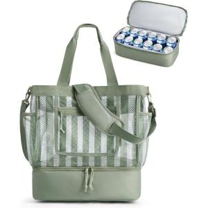 image:imageBAGSMART Beach Bag for Women Mesh Tote Bags with Zipper Sandproof Vacation Essentials with Cooler for Swim Cruise PoolGreen