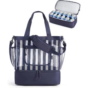 image:imageBAGSMART Beach Bag for Women Mesh Tote Bags with Zipper Sandproof Vacation Essentials with Cooler for Swim Cruise PoolNavy