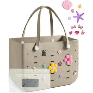 image:imageBAGSMART Beach Bag for Women Waterresistant Rubber Tote Bag Sandproof Vacation Essentials for Summer Swim Cruise PoolAkhaki