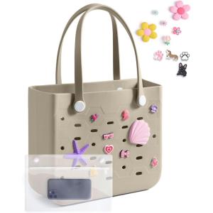 image:imageBAGSMART Beach Bag for Women Waterresistant Rubber Tote Bag Sandproof Vacation Essentials for Summer Swim Cruise PoolCamel