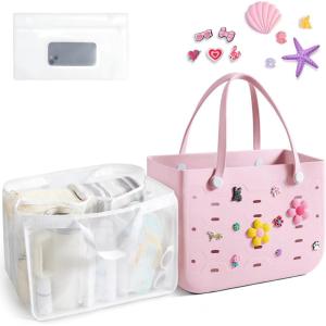 image:imageBAGSMART Beach Bag for Women Waterresistant Rubber Tote Bag Sandproof Vacation Essentials for Summer Swim Cruise PoolRosy Pink