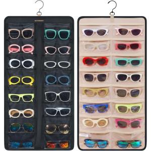 image:imageBAGSMART Hanging Jewelry Organizer Dust Proof Sunglasses Storage Case Wall Mounted Travel Dual Sided Glasses Case Multiple Pairs Eyeglasses Holder with 32 Clear Slots amp Metal Hook BlackBlack