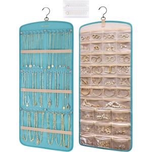 image:imageBAGSMART Hanging Jewelry Organizer Necklace Holder Antitangle Earrings Rings Hanger with 20 Jewelry Bags Travel Storage Roll with Pockets Hang on Closet Wall Door1 Piece Large BlackTeal