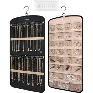 image:imageBAGSMART Hanging Jewelry Organizer Necklace Holder Antitangle Earrings Rings Hanger with 20 Jewelry Bags Travel Storage Roll with Pockets Hang on Closet Wall Door1 Piece Large BlackBlack