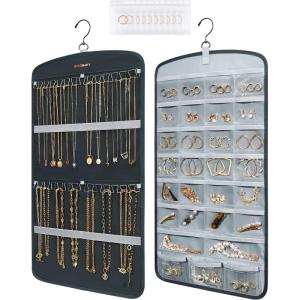 image:imageBAGSMART Hanging Jewelry Organizer Necklace Holder Antitangle Earrings Rings Hanger with 20 Jewelry Bags Travel Storage Roll with Pockets Hang on Closet Wall Door1 Piece Large BlackGrey