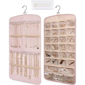 image:imageBAGSMART Hanging Jewelry Organizer Necklace Holder Antitangle Earrings Rings Hanger with 20 Jewelry Bags Travel Storage Roll with Pockets Hang on Closet Wall Door1 Piece Large BlackPink