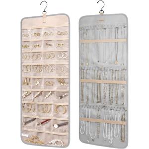 image:imageBAGSMART Hanging Jewelry Organizer Storage Roll with Hanger Metal Hooks DoubleSided Jewelry Holder for Earrings Necklaces Rings on Closet Wall Door 1 piece Medium BlackGrey