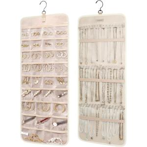 image:imageBAGSMART Hanging Jewelry Organizer Storage Roll with Hanger Metal Hooks DoubleSided Jewelry Holder for Earrings Necklaces Rings on Closet Wall Door 1 piece Medium BlackBeige