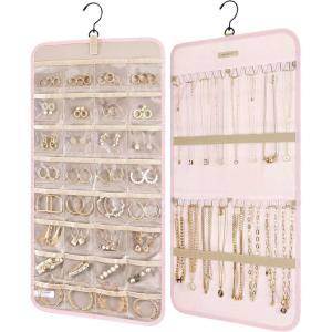image:imageBAGSMART Hanging Jewelry Organizer Storage Roll with Hanger Metal Hooks DoubleSided Jewelry Holder for Earrings Necklaces Rings on Closet Wall Door 1 piece Medium BlackPink