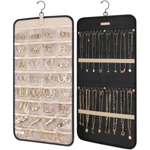 image:imageBAGSMART Hanging Jewelry Organizer Storage Roll with Hanger Metal Hooks DoubleSided Jewelry Holder for Earrings Necklaces Rings on Closet Wall Door 1 piece Medium BlackBlack