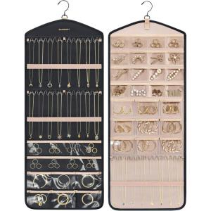 image:imageBAGSMART Hanging Jewelry Organizer with Hanger Metal Hooks DoubleSided Jewelry Holder for Organizing Earrings Necklaces Rings Perfect for in Hanging Closet Wall Door 1 Piece Large BlackA1Black
