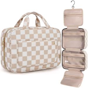 image:imageBAGSMART Toiletry Bag Travel Bag with Hanging Hook Waterresistant Makeup Cosmetic Bag Travel Organizer for Accessories Shampoo Fullsize Container Toiletries Black MediumKhaki Checkerboard