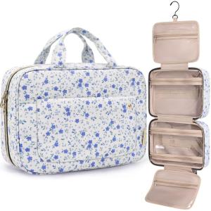 image:imageBAGSMART Toiletry Bag Travel Bag with Hanging Hook Waterresistant Makeup Cosmetic Bag Travel Organizer for Accessories Shampoo Fullsize Container Toiletries Black MediumBlue Ditsy Floral