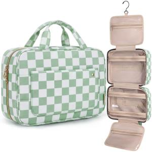 image:imageBAGSMART Toiletry Bag Travel Bag with Hanging Hook Waterresistant Makeup Cosmetic Bag Travel Organizer for Accessories Shampoo Fullsize Container Toiletries Black MediumGreen Checkerboard