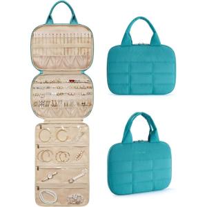 image:imageBAGSMART Travel Jewelry Case Hanging Jewelry Organizer with Zipper Pockets Large Capacity Puffy Jewelry Roll for Earrings Necklaces Rings on Closet Wall Door Portable Travel Essentials PinkGreen