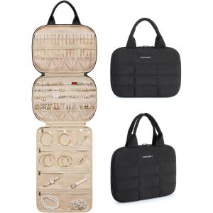 image:imageBAGSMART Travel Jewelry Case Hanging Jewelry Organizer with Zipper Pockets Large Capacity Puffy Jewelry Roll for Earrings Necklaces Rings on Closet Wall Door Portable Travel Essentials PinkBlack