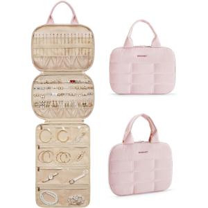 image:imageBAGSMART Travel Jewelry Case Hanging Jewelry Organizer with Zipper Pockets Large Capacity Puffy Jewelry Roll for Earrings Necklaces Rings on Closet Wall Door Portable Travel Essentials PinkPink
