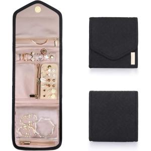 image:imageBAGSMART Travel Jewelry Organizer Case Foldable Small Jewelry Roll for Journey Rings Necklaces Earrings BraceletsMiniSoft PinkBlack