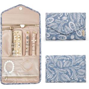 image:imageBAGSMART Travel Jewelry Organizer Case Foldable Small Jewelry Roll for Journey Rings Necklaces Earrings BraceletsMiniSoft PinkWhite Leaf