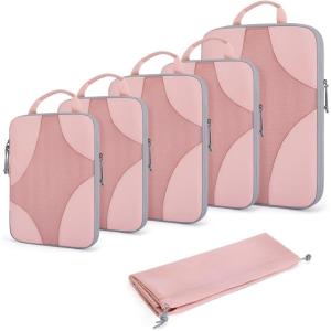 image:imageBAGSMART Compression Packing Cubes for Travel Compressible Luggage Organizer for Cruise Ship Lightweight Travel Essentials 6Pack 1L2M2S1Shoe BagBaby Pink