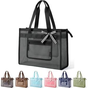 image:imageBAGSMART Mesh Beach Bag with Zipper Pocket Large Beach Tote Bags for Women  for 40 oz Bottle Removable Ribbon Bow Sandproof amp Washable Cruise Essentials for Swim Pool Gym Vacation Travel BagBlack