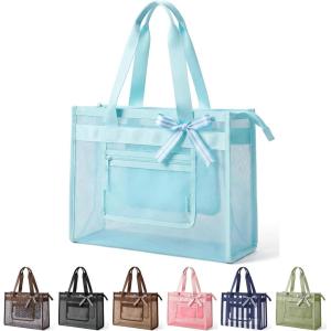 image:imageBAGSMART Mesh Beach Bag with Zipper Pocket Large Beach Tote Bags for Women  for 40 oz Bottle Removable Ribbon Bow Sandproof amp Washable Cruise Essentials for Swim Pool Gym Vacation Travel BagBaby Blue