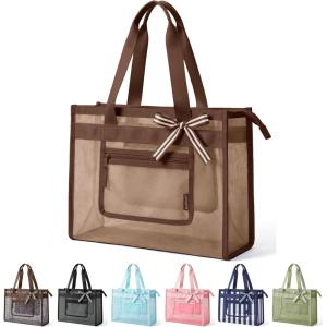 image:imageBAGSMART Mesh Beach Bag with Zipper Pocket Large Beach Tote Bags for Women  for 40 oz Bottle Removable Ribbon Bow Sandproof amp Washable Cruise Essentials for Swim Pool Gym Vacation Travel BagTan Brown