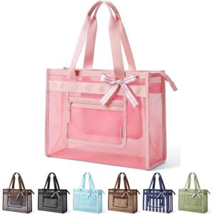 image:imageBAGSMART Mesh Beach Bag with Zipper Pocket Large Beach Tote Bags for Women  for 40 oz Bottle Removable Ribbon Bow Sandproof amp Washable Cruise Essentials for Swim Pool Gym Vacation Travel BagBaby Pink