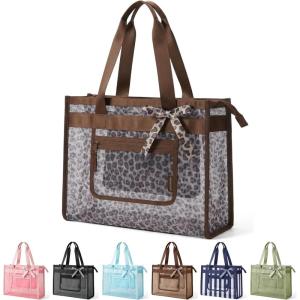 image:imageBAGSMART Mesh Beach Bag with Zipper Pocket Large Beach Tote Bags for Women  for 40 oz Bottle Removable Ribbon Bow Sandproof amp Washable Cruise Essentials for Swim Pool Gym Vacation Travel BagLeopard Print