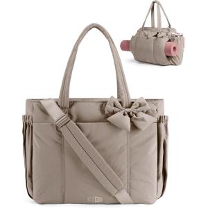 image:imageBAGAMSRT Crush Bow Tote Bag for Women Large Work Tote with 40oz Tumbler Puffer Travel Tote Bag for Work Yoga Gym  For Mom Diaper Large Capacity Everyday Bag Mothers day giftsLatte Brown