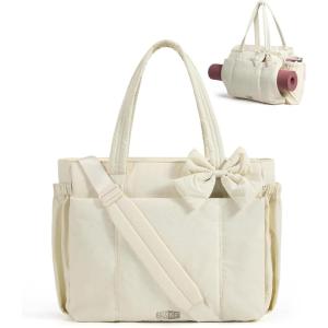 image:imageBAGAMSRT Crush Bow Tote Bag for Women Large Work Tote with 40oz Tumbler Puffer Travel Tote Bag for Work Yoga Gym  For Mom Diaper Large Capacity Everyday Bag Mothers day giftsBeige