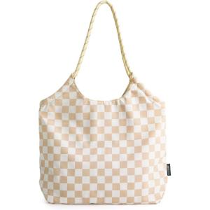 image:imageBAGSMART Beach Bags for Women Beach Tote Bag Beach Bag with Zipper Travel Tote Bag for Women Sandproof Swim Pool Bag  Packable Beach Bag Beach Essentials for Travel Gym 125L Medium Tote Lightweight WaterresistantKhaki Checkerboard Pattern
