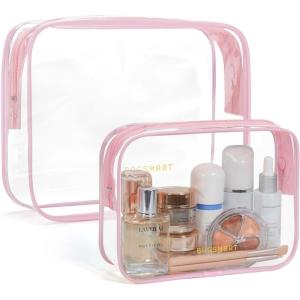image:imageBAGSMART Clear Toiletry Bag TSA Approved Travel Toiletry Bag Carry On Travel Accessories Bag Airport Airline Quart Size Bags waterresistant Makeup Bag for WomenPink